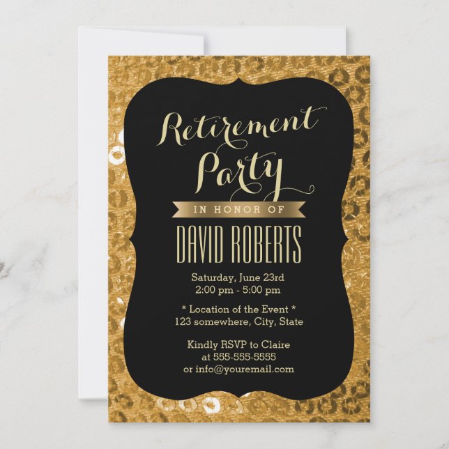 Modern Black & Gold Paillettes Retirement Party Invitation (Front)