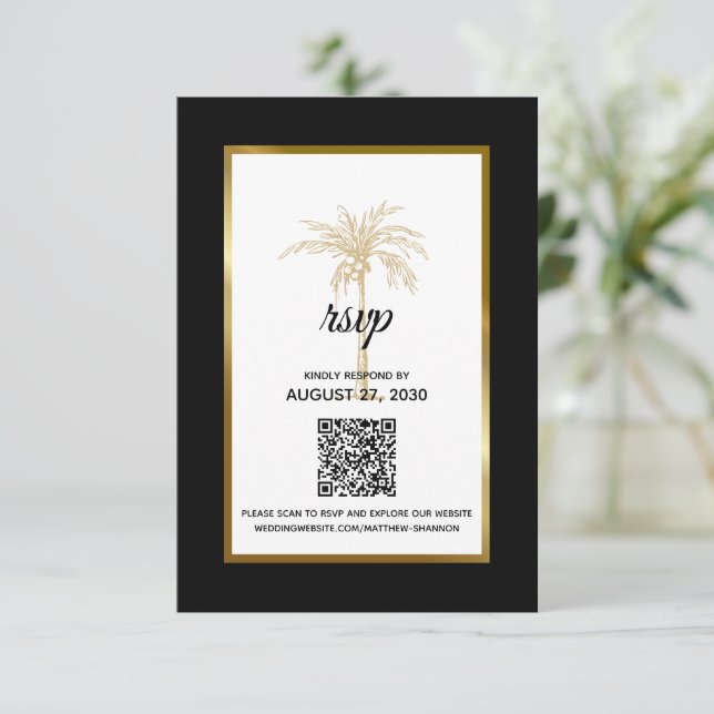 Modern Black Gold Palm Tree Modern Wedding RSVP Card (Standing Front)