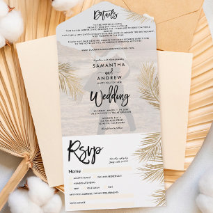 Modern black gold palm tree tropical wedding photo all in one invitation