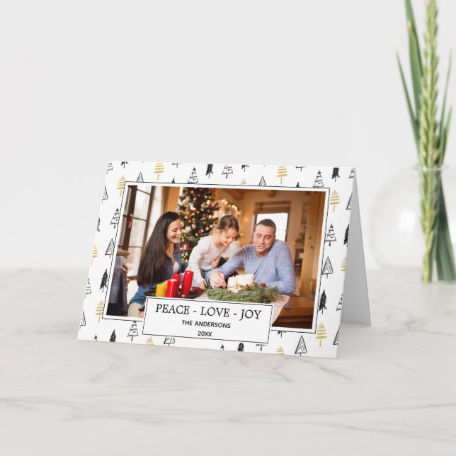 Modern Black & Gold Peace Love Joy Christmas Photo Card (Front)