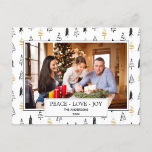 Modern Black & Gold Peace Love Joy Christmas Tree Announcement Postcard