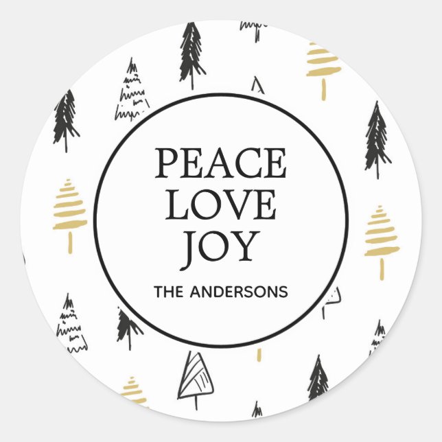 Modern Black & Gold Peace Love Joy Christmas Tree Classic Round Sticker (Front)