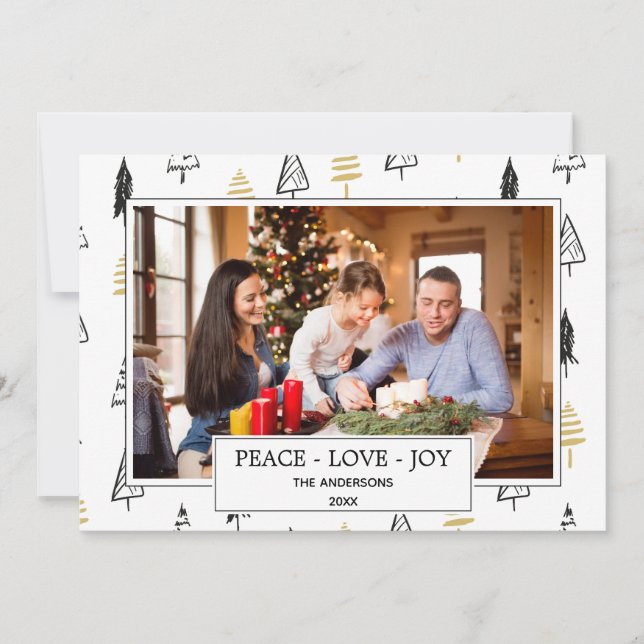 Modern Black & Gold Peace Love Joy Christmas Tree Holiday Card (Front)