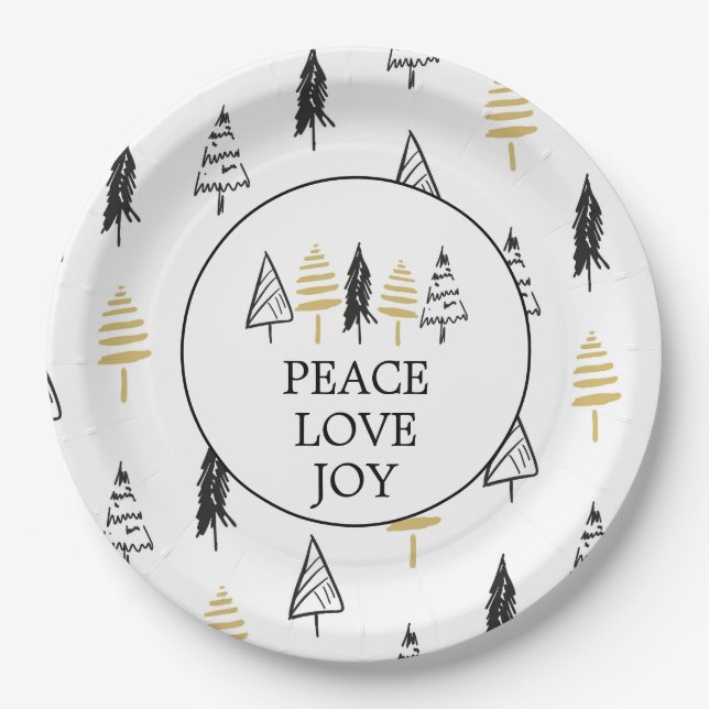 Modern Black & Gold Peace Love Joy Christmas Tree Paper Plate (Front)