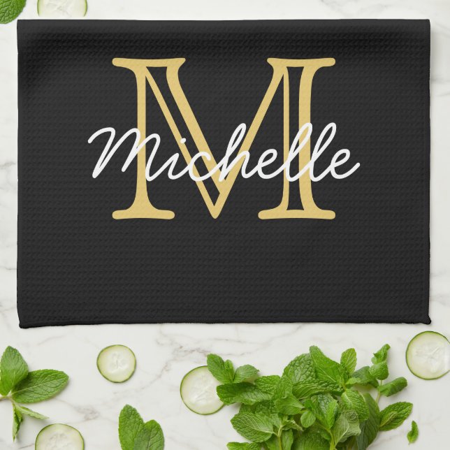 Modern Black Gold Personalised Name Monogrammed Tea Towel (Folded)
