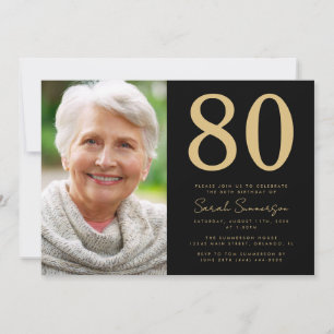 Modern Black Gold Photo 80th Birthday Invitation