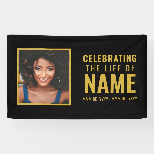 Modern Black Gold Photo Celebration of Life  Banner (Horizontal)