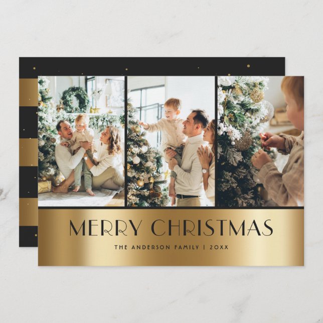 Modern Black Gold Photo Collage Christmas Cards (Front/Back)