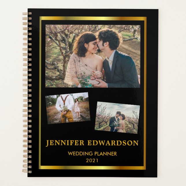 Modern black gold photo collage wedding planner (Front)
