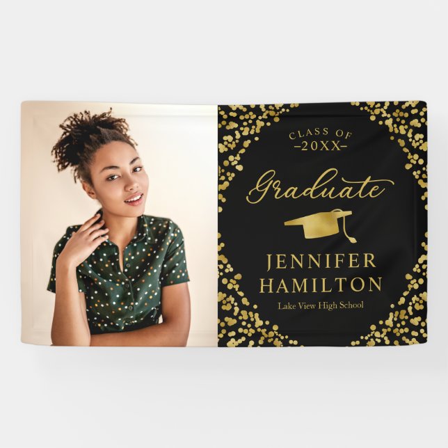 Modern Black Gold Photo Graduation Banner (Horizontal)