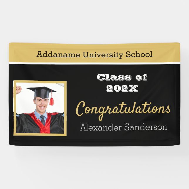 Modern Black Gold Photo Graduation congratulation Banner (Horizontal)