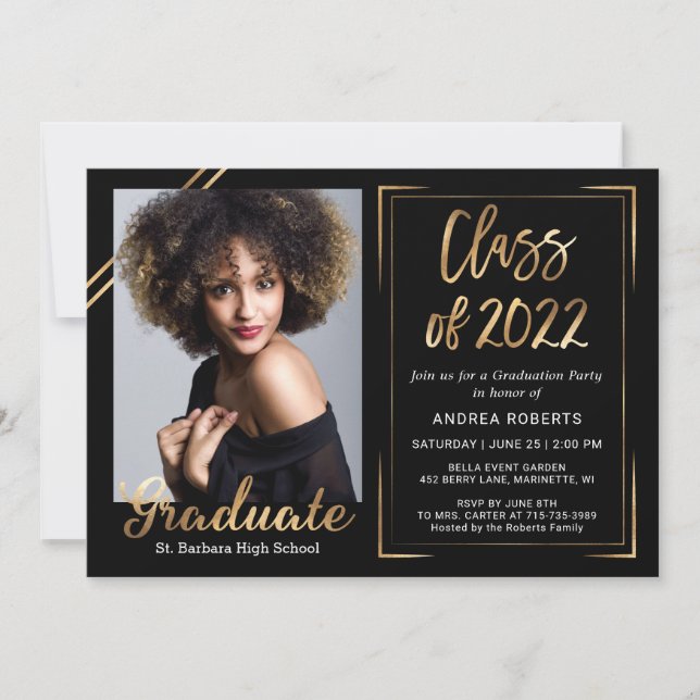 Modern Black Gold Photo Graduation Invitation (Front)