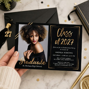 Modern Black Gold Photo Graduation Invitation