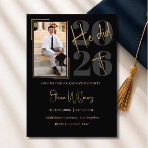 Modern Black Gold Photo Graduation Party  Invitation
