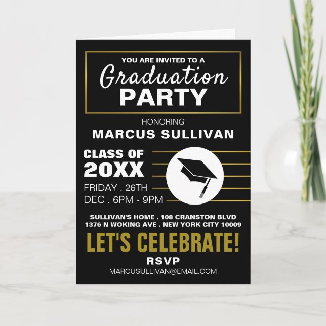 Modern Black & Gold, Photo Graduation Party Invite (Front)