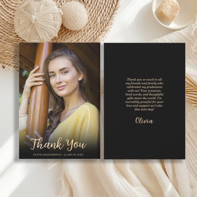 Modern Black Gold Photo Graduation  Thank You Card (Graduation photo Thank You card)