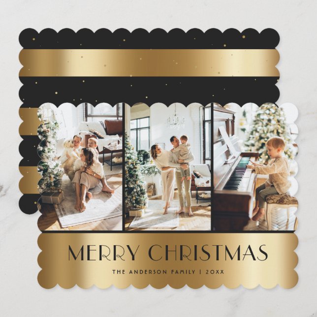 Modern Black Gold Photo Merry Christmas Card (Front/Back)