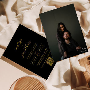 Modern Black & Gold Photo Monogram QR code Wedding Invitation