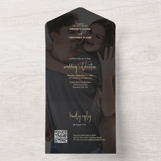 Modern Black Gold Photo Overlay Wedding All In One Invitation (Inside)