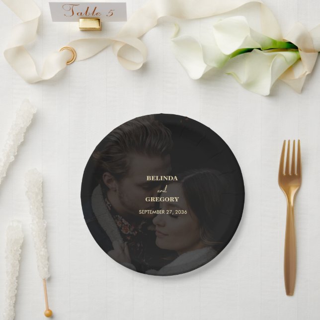 Modern Black Gold Photo Overlay Wedding Paper Plate (Wedding)