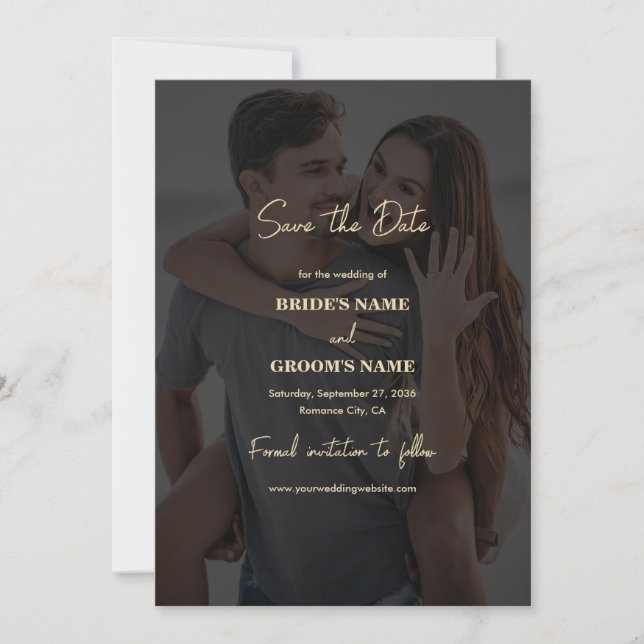 Modern Black Gold Photo Overlay Wedding Save The Date (Front)