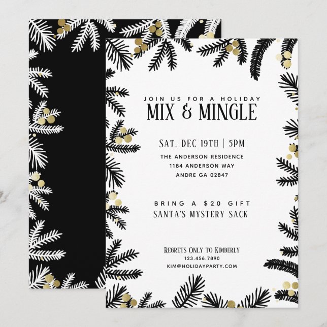 Modern Black & Gold Pine and Berries Holiday Party Invitation (Front/Back)