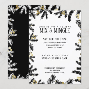Modern Black & Gold Pine and Berries Holiday Party Invitation