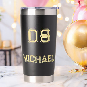 Modern Black Gold Player Name Jersey Number Sports Insulated Tumbler