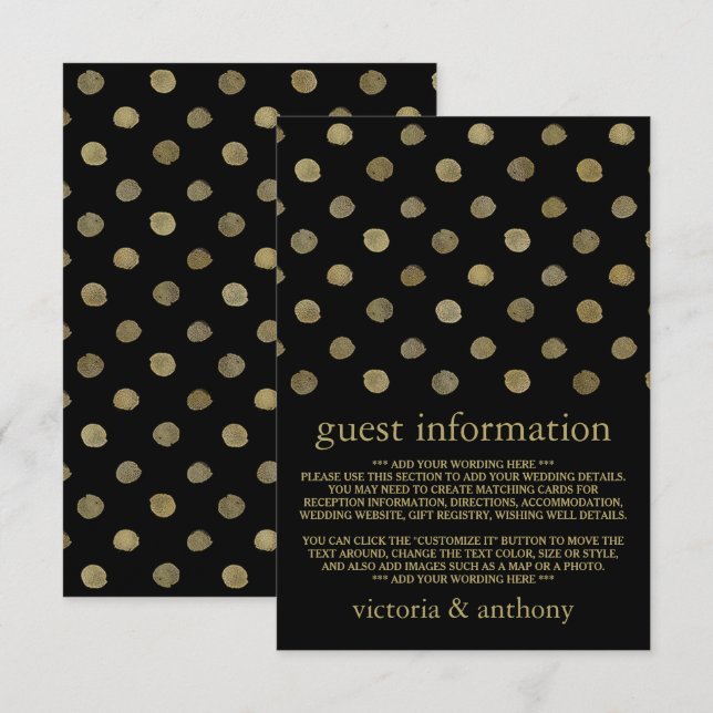 Modern Black & Gold Polka Dots Wedding Detail Enclosure Card (Front/Back)