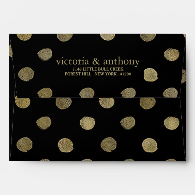 Modern Black & Gold Polka Dots Wedding Envelope (Back (Top Flap))