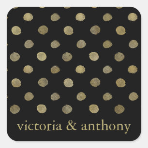 Modern Black & Gold Polka Dots Wedding Favor Square Sticker
