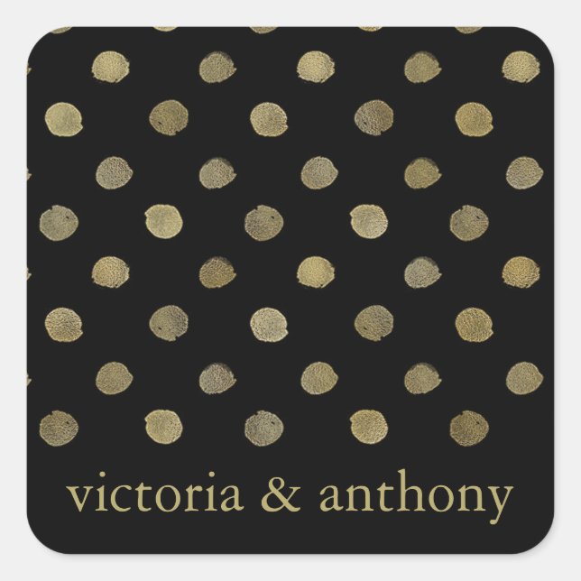 Modern Black & Gold Polka Dots Wedding Favor Square Sticker (Front)