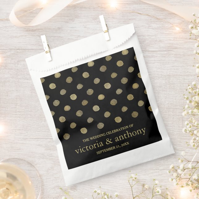 Modern Black & Gold Polka Dots Wedding Favour Bags (Clipped)