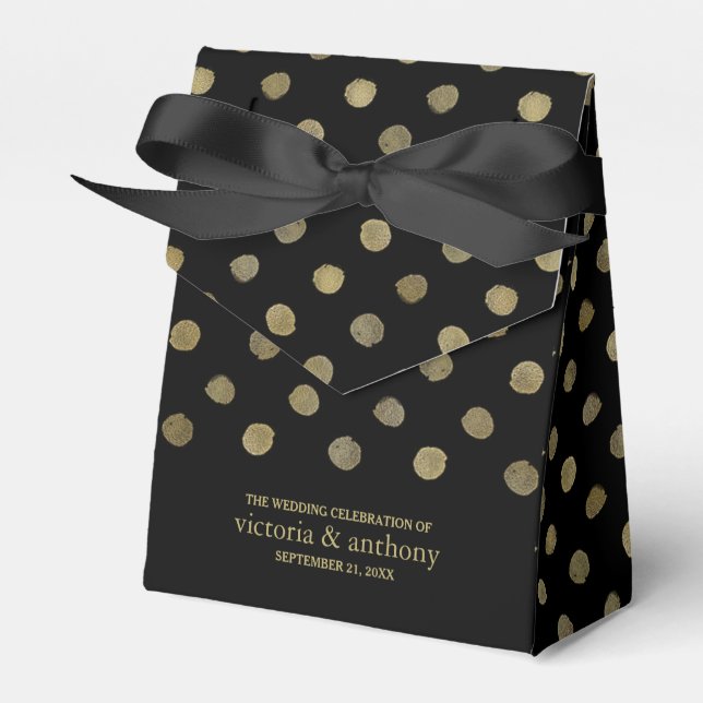 Modern Black & Gold Polka Dots Wedding Favour Box (Front Side)