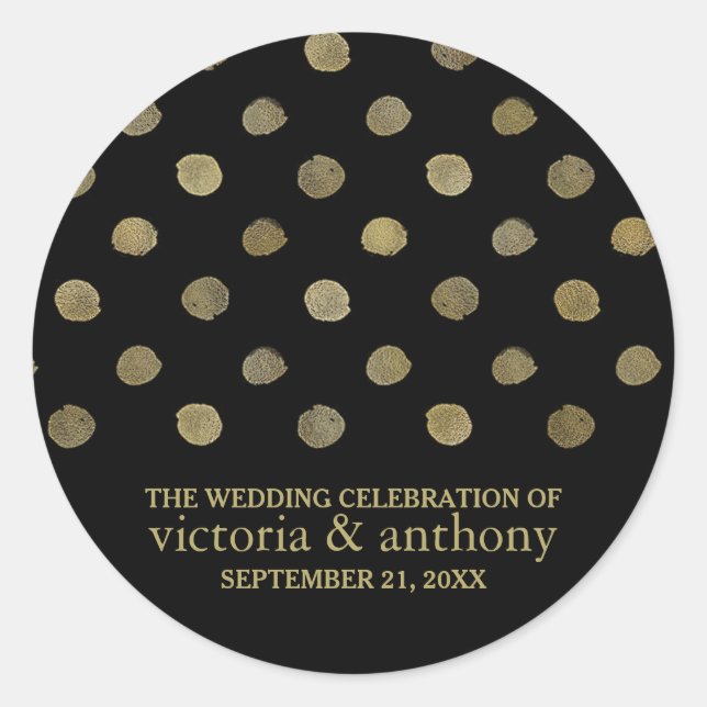 Modern Black & Gold Polka Dots Wedding favour Classic Round Sticker (Front)
