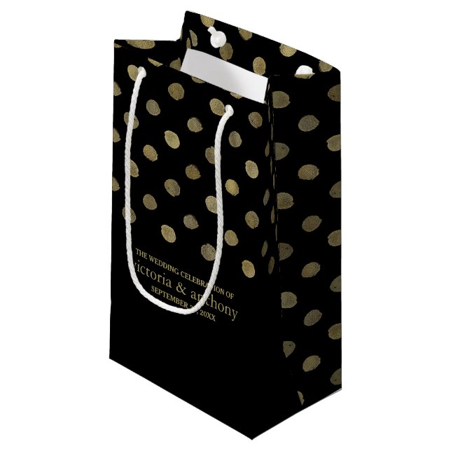Modern Black & Gold Polka Dots Wedding Favour Small Gift Bag (Front Angled)