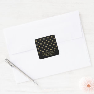 Modern Black & Gold Polka Dots Wedding Favour Square Sticker