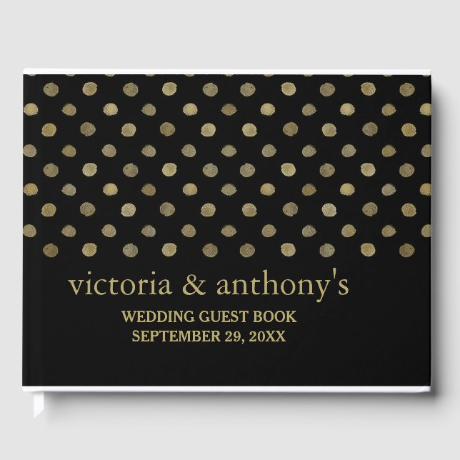 Modern Black & Gold Polka Dots Wedding Guest Book (Front)