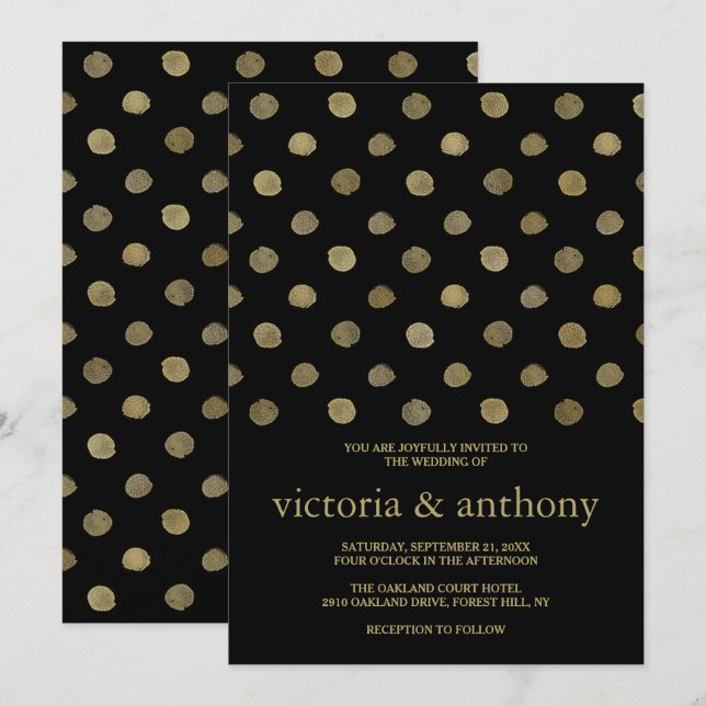 Modern Black & Gold Polka Dots Wedding Invitation (Front/Back)
