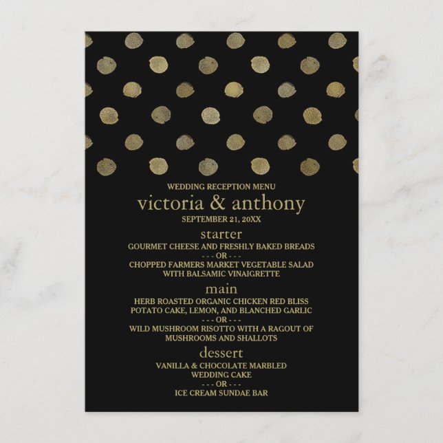 Modern Black & Gold Polka Dots Wedding Menu (Front)