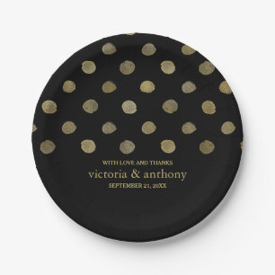 Modern Black & Gold Polka Dots Wedding Paper Plate
