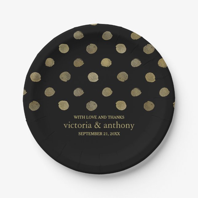 Modern Black & Gold Polka Dots Wedding Paper Plate (Front)