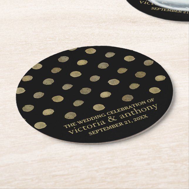 Modern Black & Gold Polka Dots Wedding Round Paper Coaster (Angled)