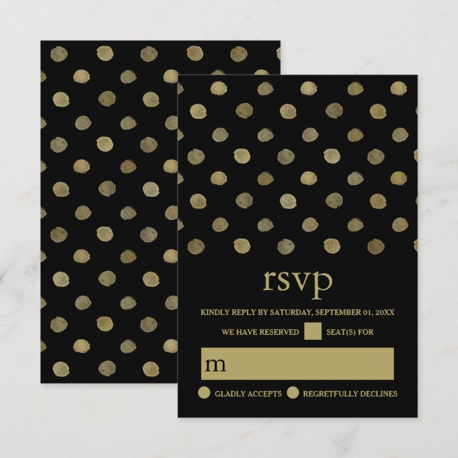 Modern Black & Gold Polka Dots Wedding RSVP Card (Front/Back)