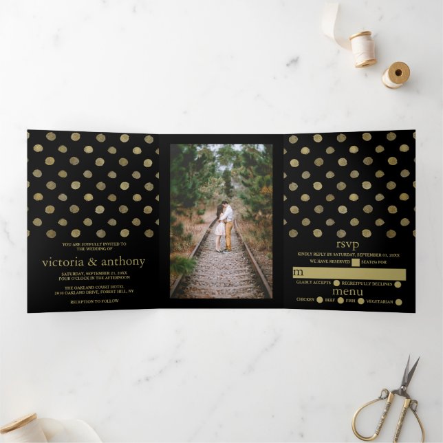Modern Black & Gold Polka Dots Wedding Suite Tri-Fold Invitation (Inside)