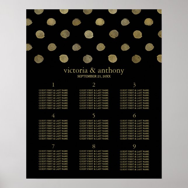 Modern Black & Gold Polka Dots Wedding Table Plan Poster (Front)