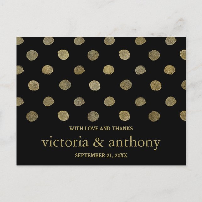 Modern Black & Gold Polka Dots Wedding Thank You Postcard (Front)