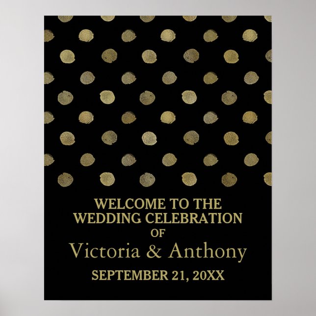 Modern Black & Gold Polka Dots Wedding Welcome Poster (Front)