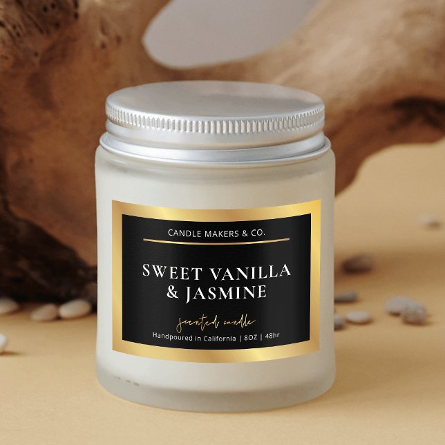 Modern Black & Gold Product Packaging Candle Label (Trendy and chic black and gold foil effect border rectangle candle jar labels)