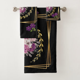 Modern Black Gold Purple Floral Trendy Boho Towel